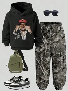 Bộ 2 món gồm áo hoodie và quần cargo cho bé trai, trang phục mùa đông, áo hoodie đen phong cách đường phố và quần cargo rằn ri, trang phục thu đông cho trẻ em. - Nhiều màu - Xem 2