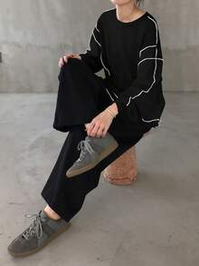 FRIFUL 女式宽松落肩撞色饰边 T 恤，休闲百搭，秋冬长袖上衣 - 黑色 - 查看 2