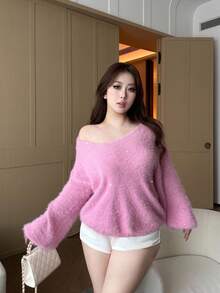 Flirla Suéter rosa con lentejuelas brillantes de moda para mujer de talla grande de otoño/invierno - Rosa - Ver 2