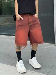 PAVTROS 男式口袋磨边宽松休闲牛仔百慕大短裤