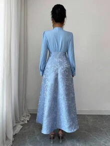 Elenzga Váy dài tay dáng chữ A xếp ly eo thanh lịch mới thu/đông 2025 dành cho nữ - Màu xanh nhạt - Xem 2