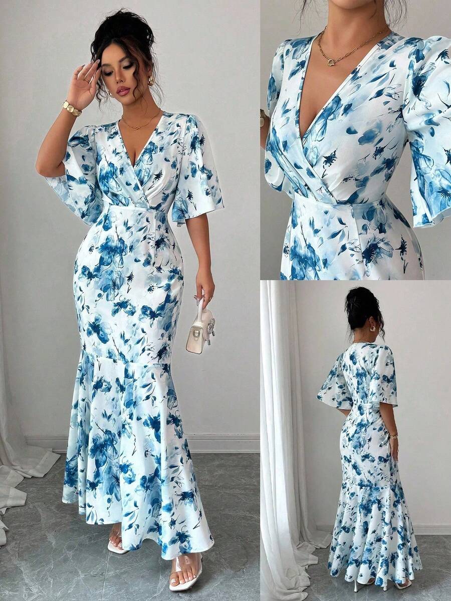 Selianne 肘长荷叶边下摆交叉V领春夏度假扎染花卉法式优雅修身鱼尾腰显瘦复古奢华女士百搭长裙