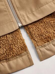 Zelara Herbst Große Größen Damen Einfarbige Raglanärmel Tunnelzug Taille Flauschige Kapuzenjacke, Fliegerjacke, Thermofutter, warm und bequem, Rückenschlitz Design Halloween Kostüme Teddy Jacke Damen Schicke Bomberjacke - Braun - Übersicht 6