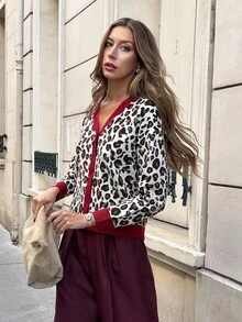 Chiquease 女士豹纹休闲宽松纽扣开衫，长袖 - 彩色 - 查看 4