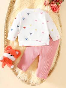 Newborn Baby Girl's White Sweater With Printed Cat Pattern Long-Sleeved Top Matched With Pink Striped Pants 2-Piece Set. Fashionable And Cute Cartoon Style, Comfortable Fabric, Suitable For Photography And Outdoor Activities Fall Winter - Multicolor - View 2