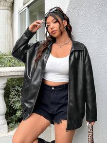 SHEIN EZwear Plus Size Distressed PU Leather Loose Fit Jacket, For Winter Fall Autumn