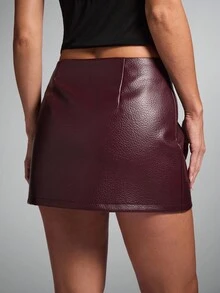 SHEIN BAE 女士纯色低腰迷你裙，适合通勤 - 酒紅色 - 查看 2