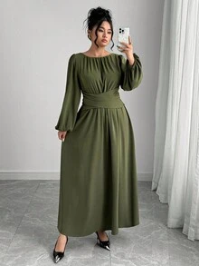 Elenzga Váy xếp ly màu trơn cổ điển thanh lịch cỡ lớn dành cho nữ, cổ tròn, eo chun, cài chéo phía trước, tay bồng, tay dài, dài đến đầu gối, màu xanh quân đội, thích hợp mặc đi làm, đi chơi, thường ngày, ngày lễ, tiệc tùng, thu đông - màu xanh lá - Xem 5