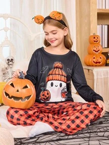 Halloween Cute Ghost Print Pajama Set With Plaid Pants, For Big Girls - Black - View 5