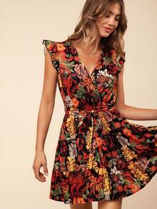 Coeurva 編織印花短袖連衣裙，小飛機圖案，適合度假，女士款 - 彩色 - 查看 6