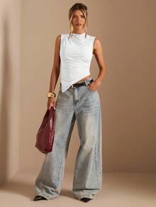 SHEIN BAE Women's Solid Color Sleeveless Cropped Casual Tank Top With Asymmetrical Hem,Multipack - White - View 3