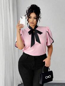 Elenzga 女裝大尺碼彩色拼接襯衫,泡泡袖和綁帶細節 - 粉色 - 查看 1