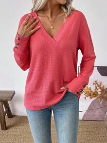 SHEIN LUNE 女式休闲纯色V领长袖上衣 - 紅色 - 查看 3