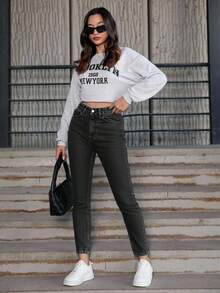 EURMUSE High Waist Straight Leg Denim Jeans - Dark Grey - View 3