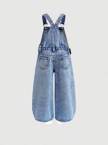 SHEIN Quần yếm denim xanh họa tiết hoa và bướm cho bé gái - Rửa nhẹ - Xem 2