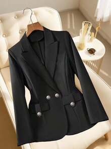 GlowEve 女士纯色翻领双排扣口袋休闲通勤优雅西装外套 - 黑色 - 查看 1