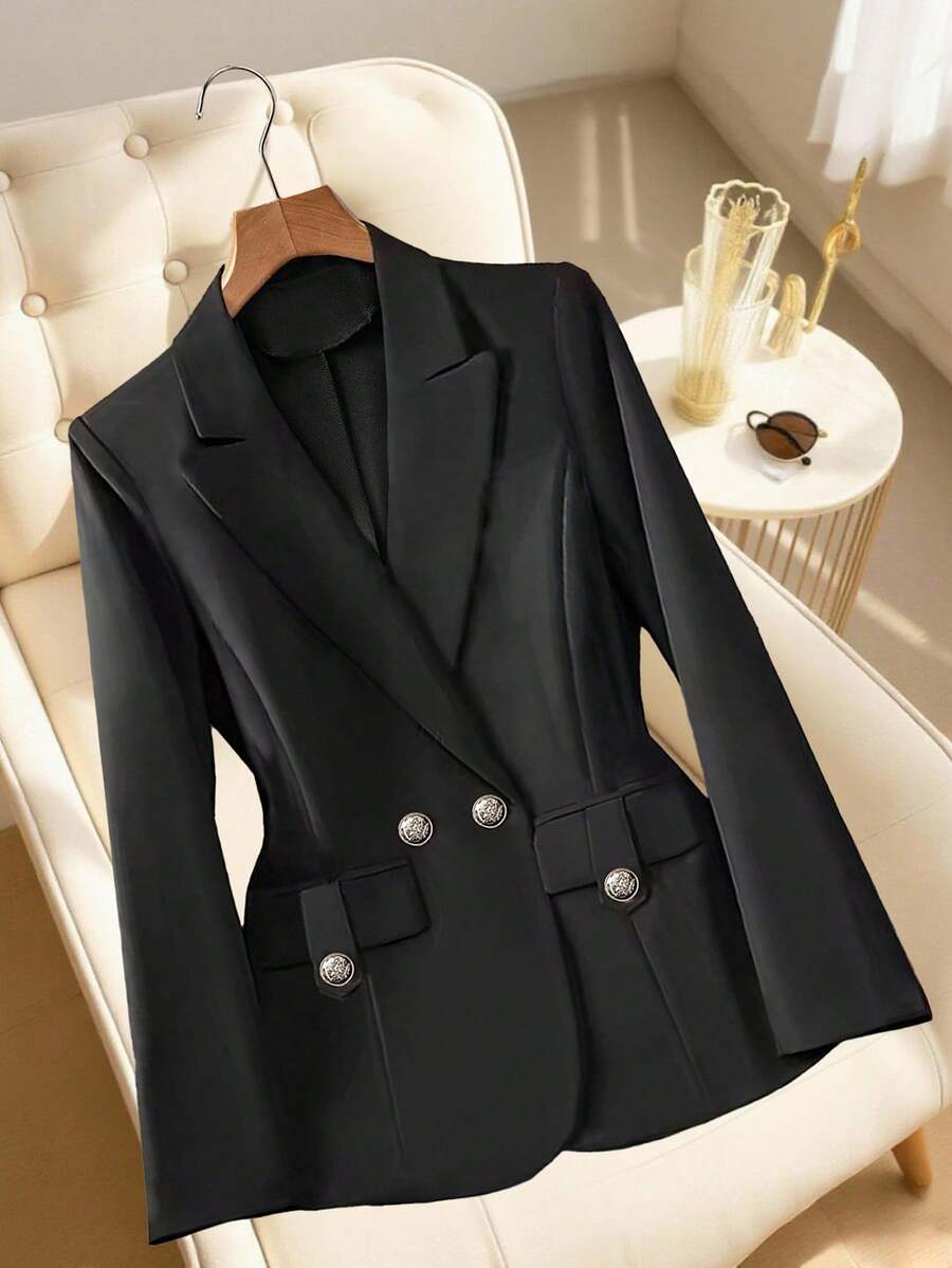 GlowEve 女士纯色翻领双排扣口袋休闲通勤优雅西装外套 - 黑色 - 查看 1