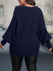 EMERY ROSE Plus Size Women's Solid Color V-Neck Batwing Long Sleeve Casual Pullover Sweater, Autumn/Winter - Navy Blue - View 2