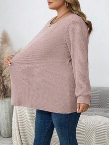 SHEIN CURVE+ 女士纯色罗纹拉绒舒适圆领长袖休闲 T 恤，适合秋冬季 - 粉色 - 查看 6