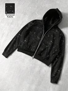 PAVTROS Manfinity Streetrush Men's Cropped Black Zip-Up Sweatshirt, Thermal Lined, Sequin Textured Fabric, Streetwear For Autumn And Winter, Halloween, INS Streetwear, Style, Rapper, Boy Friend Gifts, Long Sleeve Top - Black - View 7