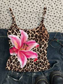 SHEIN Leap Crew Teen Girls Casual Minimalist Leopard Print Lily Flower Camisole Tank Top, Summer - Multicolor - View 6