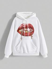 ROMWE Grunge Punk Street Style Lip Print Women Fleece Pullover Sweatshirt - White - View 1