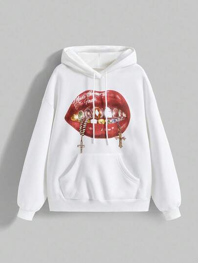 Grunge Punk Sweat-shirt en polaire style de rue avec imprimé lèvres pour femmes