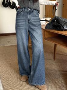 DAZY 女士保暖内衬直筒牛仔裤，复古高腰修身阔腿牛仔裤，秋冬季保暖内衬 - 藍色 - 查看 3