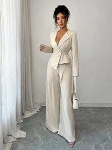 Elenzga Elegante set con blusa a maniche lunghe e scollo a V, vita stretta in modo unico con orlo asimmetrico, abbinata a pantaloni ampi a gamba larga. Un set elegante e professionale, adatto per le celebrazioni del Ringraziamento e di Ognissanti. Adatto per occasioni casual da ufficio. - Albicocca - Visualizzare 6