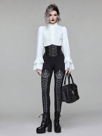 Gothic-Stil Skinny Leggings mit Schnürung und Muster, geeignet für Halloween