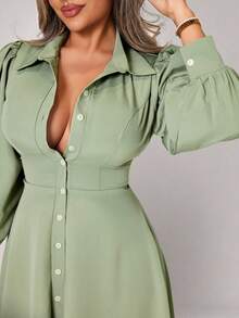 Xyvia 女式优雅纯色灯笼袖前扣衬衫裙 - 薄荷綠 - 查看 5