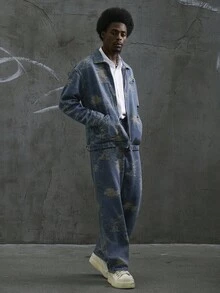 Manfinity ZONE917 Men's Autumn Long Sleeve Zip Front Jacket And Pants Casual Denim Loose Suit Men 2 Piece Set Patched Jeans For Men Tie Dye Mens Ghetto Outfits With Jeans