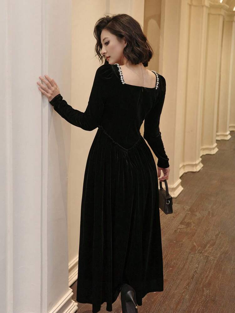Women's Elegant Studded Mid-Length Dress, Autumn Prom Dress