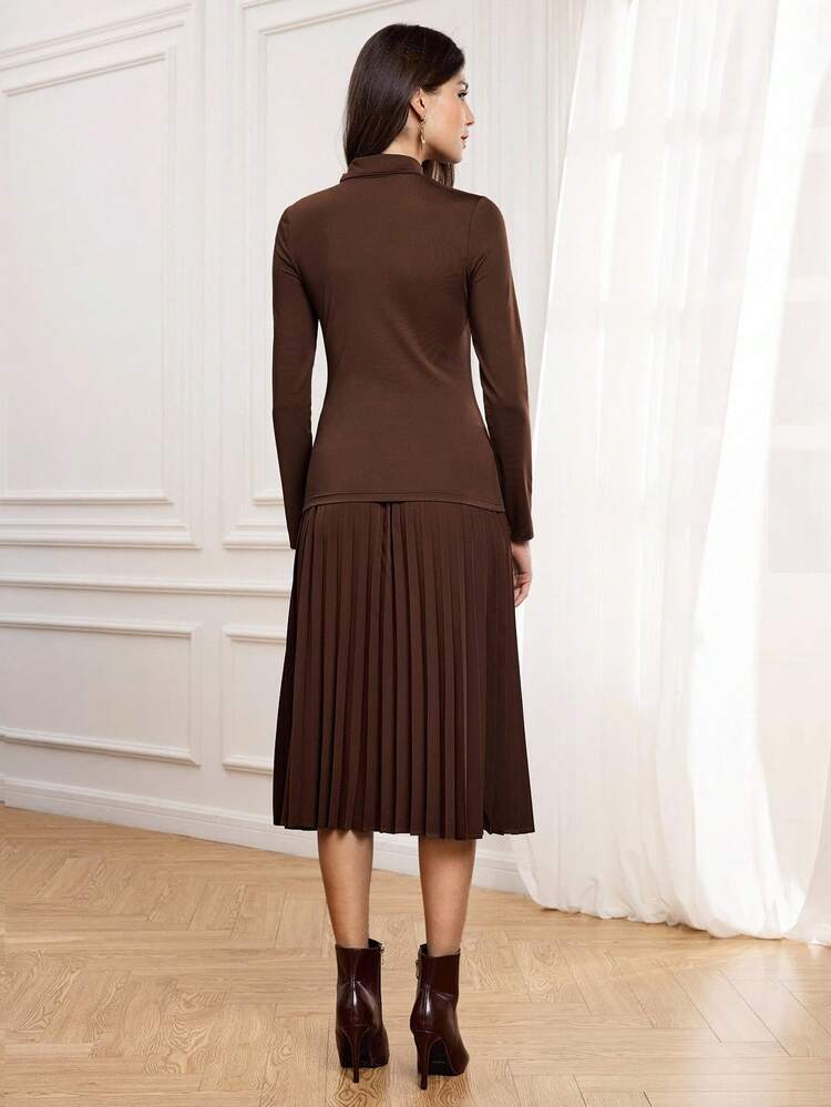 Conjunto elegante de 2 piezas para mujer de Miaspire - Camiseta de cuello alto ajustada y falda mini plisada, ropa elegante de otoño/invierno para usar en la calle y en fiestas