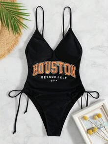 Summer Beach Letter Graphic Drawstring Side One Piece Swimsuit - Black - View 7