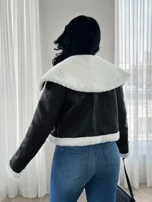 SHEIN SXY 女士复古摩托车皮夹克，短款，仿保暖内衬，加厚保暖毛领，搭配长靴，时尚百搭，适合女性，短款皮夹克，冬季女装，90年代风格，女士冬季 - 黑色 - 查看 2