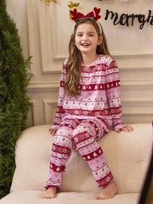 بيجامات بناتية بياقة طاقم وأكمام طويلة مطبوعة بطبعة عيد الميلاد الأيرلندية الوردية - وردي - مشاهدة 5