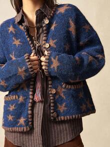 Bohemela Casaco Boho de Outono/Inverno, Casaco de Malha Felpudo Vintage Solto de Manga Longa Aberto com Bolsos Duplos Versátil, Estilo Country Ocidental, Adequado para Férias, Uso Diário e Volta às Aulas, Halloween, Outono - Azul - Visão 3