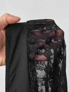 Sweetra 大码波尔卡圆点蕾丝拼布长袖衬衫 - 黑色 - 查看 6