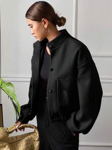 Livesso Plain Collar Pocket Short Women Jacket,Fall Clothes