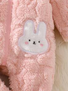 Newborn Baby Pink Rabbit Ear Hooded Romper, Soft Plush Jumpsuit Outfit For Infant, Cute & Comfortable For Home, Outings, Parties, 0-9 Months Fall Winter - Pink - View 6