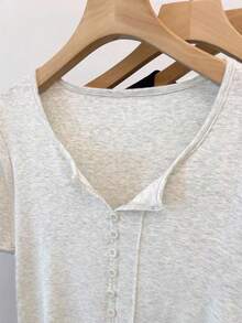 Resyla 大码女式休闲复古简约浪漫纽扣T恤 - 灰色 - 查看 3