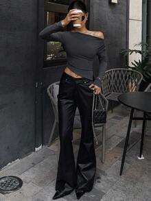 DAZY Áo thun nữ dáng ôm, viền bất đối xứng, quần áo mùa thu dài tay cho nữ - Màu xám đen - Xem 6