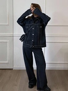 Livesso 女士休闲翻领宽松上衣和阔腿牛仔裤套装，秋季 - 藍色 - 查看 5