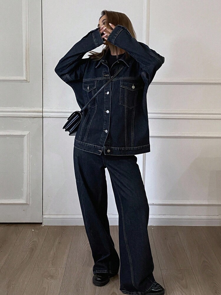 Livesso 女士休闲翻领宽松上衣和阔腿牛仔裤套装，秋季 - 藍色 - 查看 5