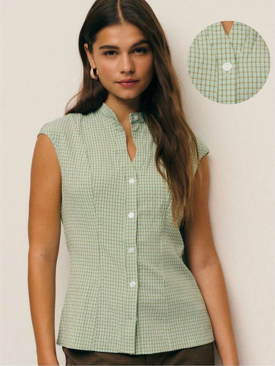Nöista Nöista Mint‑Check Fitted Sleeveless Button‑Front Blouse - Seasonal Edit Sleeveless, Slightly Tailored Top In A Soft Mint Micro‑Check With A Narrow Mandarin Collar And A Subtle Keyhole At The Neckline