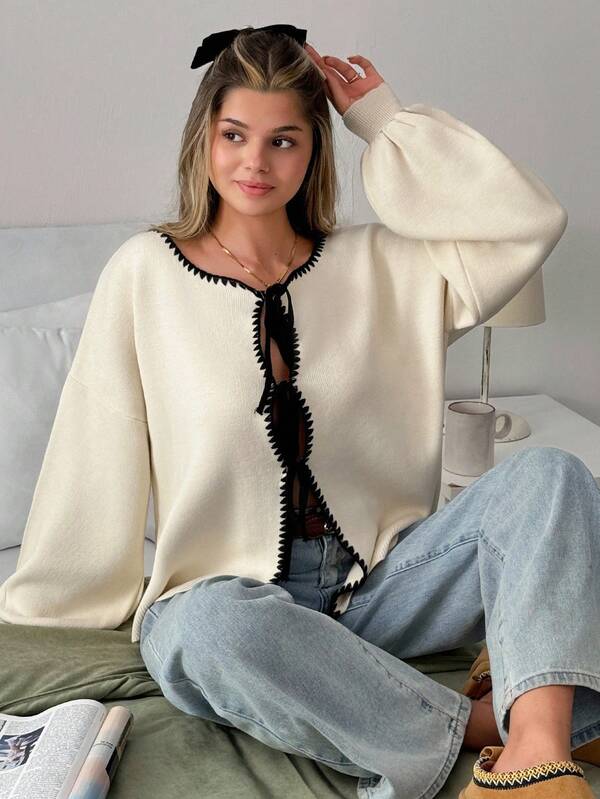 EURMUSE Women Solid Color Front Tie Handmade Stitch Detailed Drop Shoulder Cardigan Cream Top Cream Blouse Long Sleeve Blouse Tie Front Top Cream Sweater,Cardigans,Petite,Tall