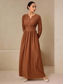 Graceveil 秋季棕色针织纹理面料腰带设计褶饰优雅长款毕业礼服 - 棕色 - 查看 3