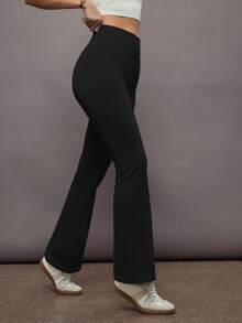 Activina Solid Color High Waisted Elastic Flared Pants, Sportswear - Black - View 2