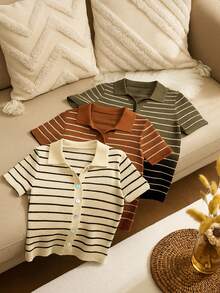 BizChic Áo len dệt kim tay ngắn cổ bẻ kẻ sọc thanh lịch lãng mạn dành cho nữ, đa năng cho trang phục công sở thường ngày, đi làm hàng ngày, trang phục công sở - màu nâu - Xem 1